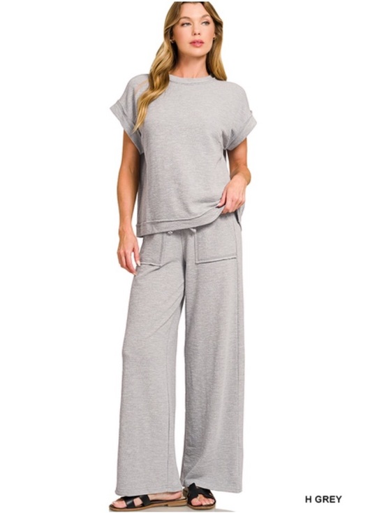 Zenana Outfitters Pants - 37 🇺🇸 ZENANA h grey COTTON SLUB SHORT SLEEVE
TEE & LONG PANTS SET